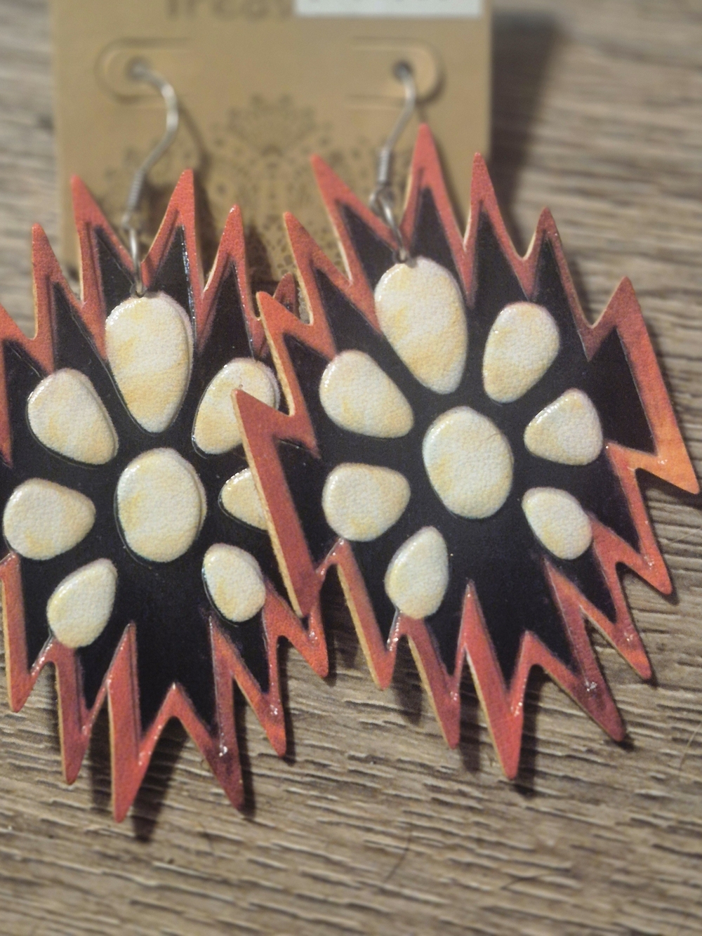 Black and Orange Floral Burst Drop Earrings
